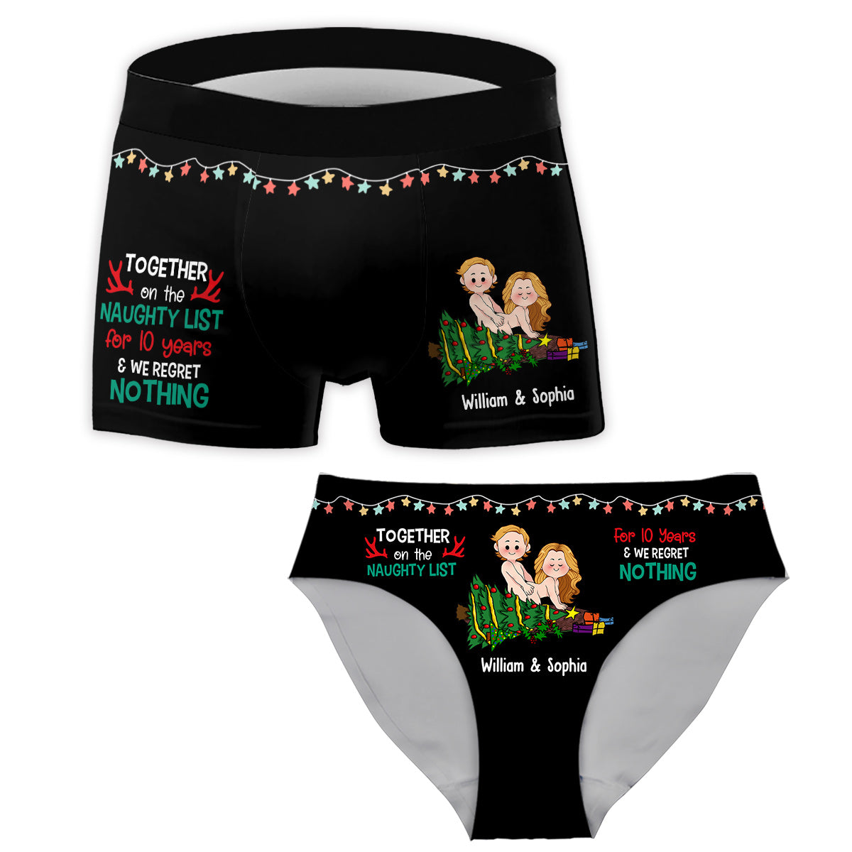 Gemeinsam auf der Liste der Unartigen – personalisierte Partner-Slips für Damen und Boxershorts für Herren