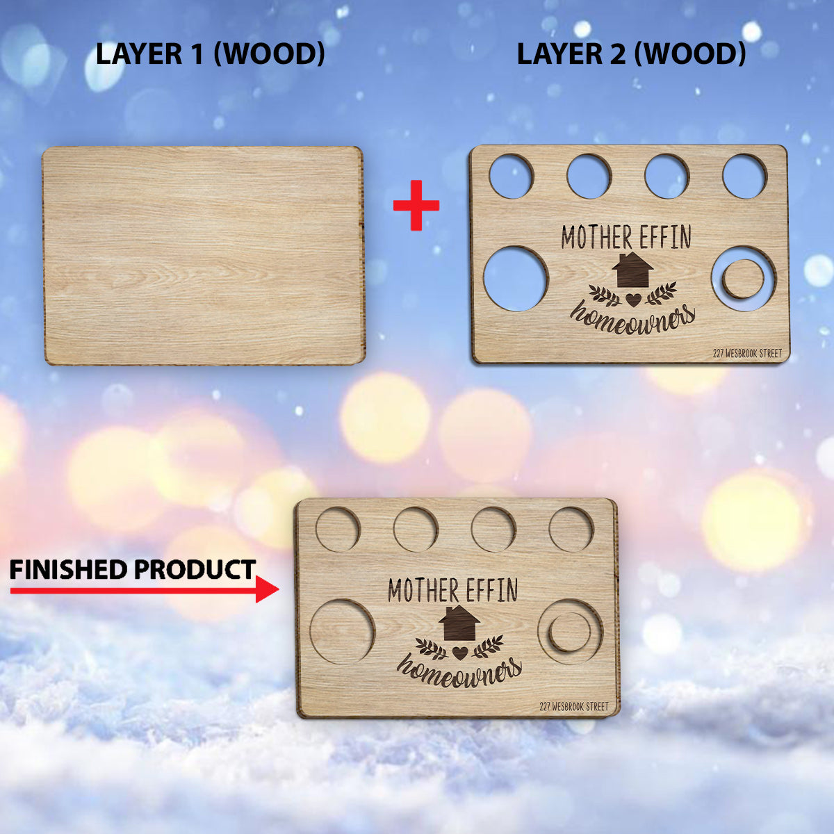 „Mother Effin Houseowner“ – Personalisiertes, zweilagiges Holzschild/Holzplakette zur Einweihung
