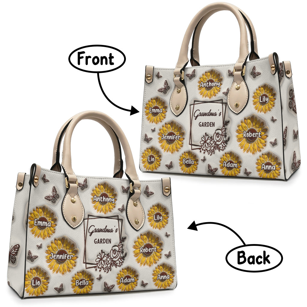 Omas Sonnenblumengarten – Geschenk für Oma – Personalisierte Lederhandtasche