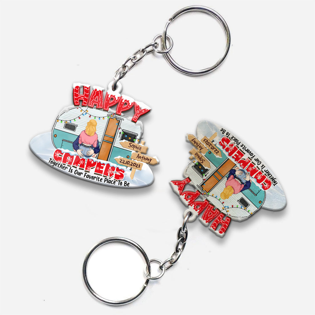 Glückliche Camper – Campinggeschenk für Ehemann, Ehefrau, Freund, Freundin – Personalisierter Schlüsselanhänger