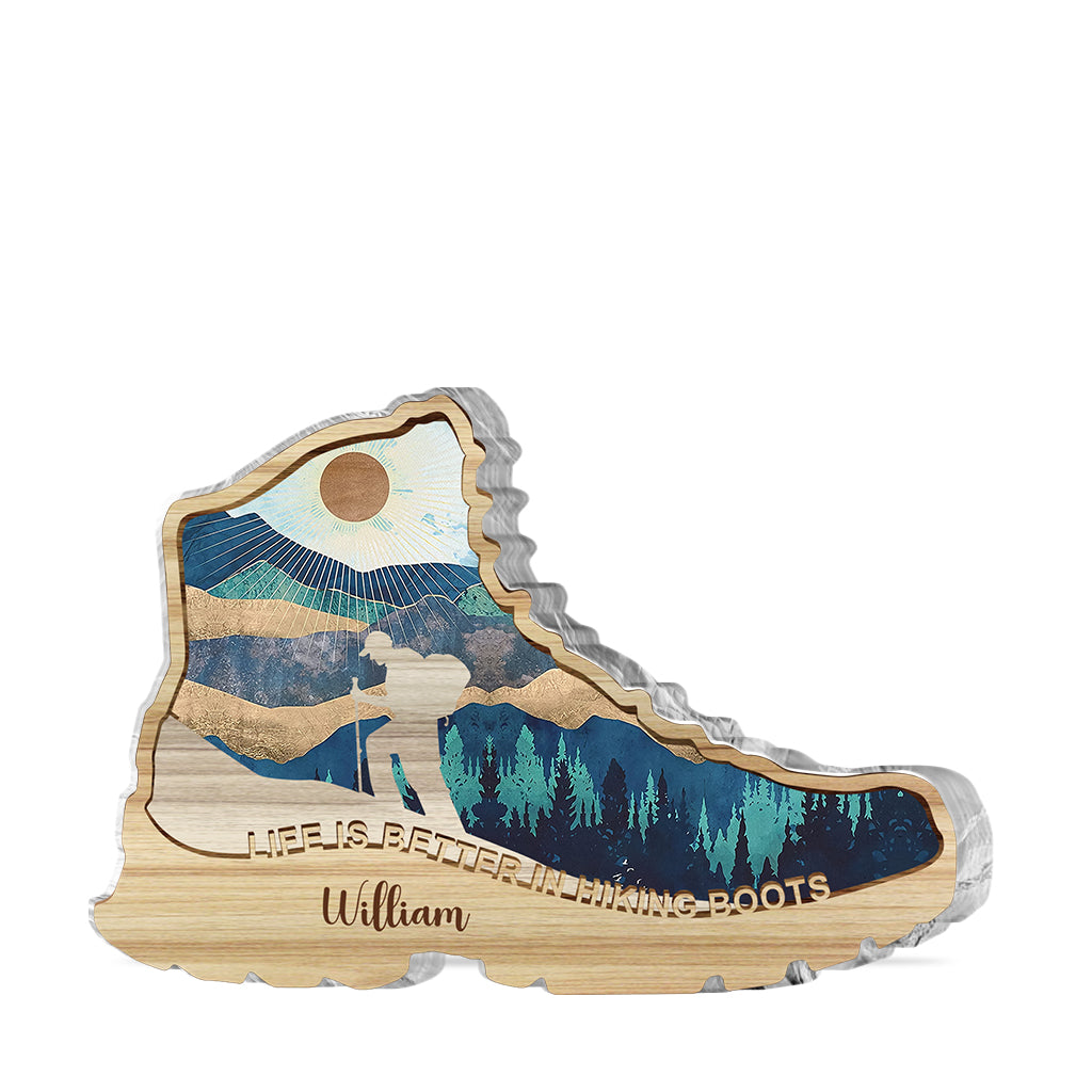 Das Leben ist besser in Wanderschuhen – personalisierte Acrylplakette in individueller Wanderform