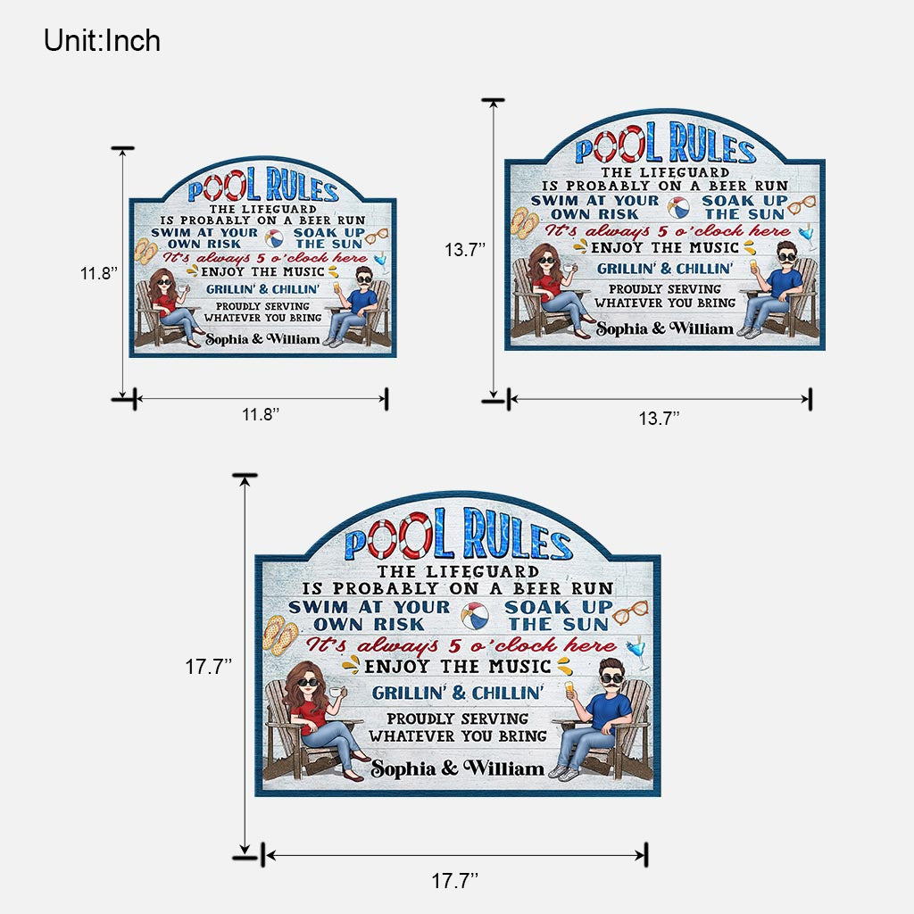 Poolregeln: Baden auf eigene Gefahr – Personalisiertes Holzschild für den Garten