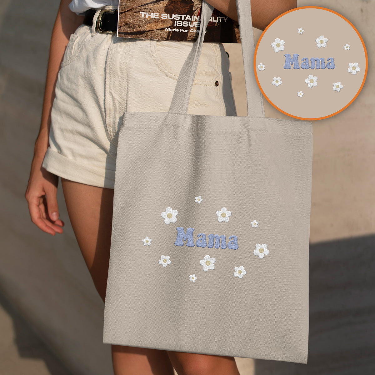 Personalisierte Tragetasche mit Namensstickerei und Blume – Individuelle Mutter-Stickerei