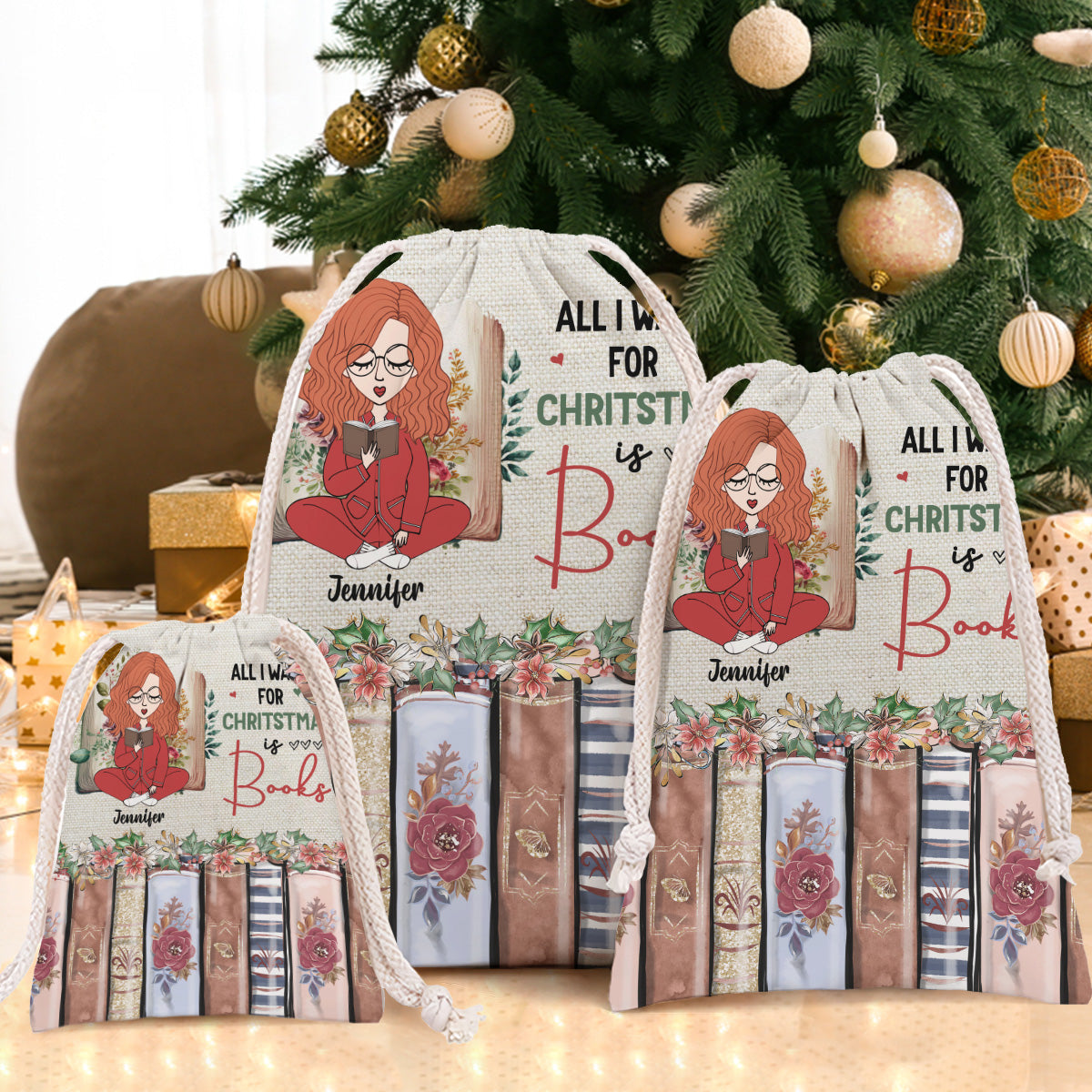 Alles, was ich mir zu Weihnachten wünsche, sind Bücher – Personalisierter Buch-Tragebeutel