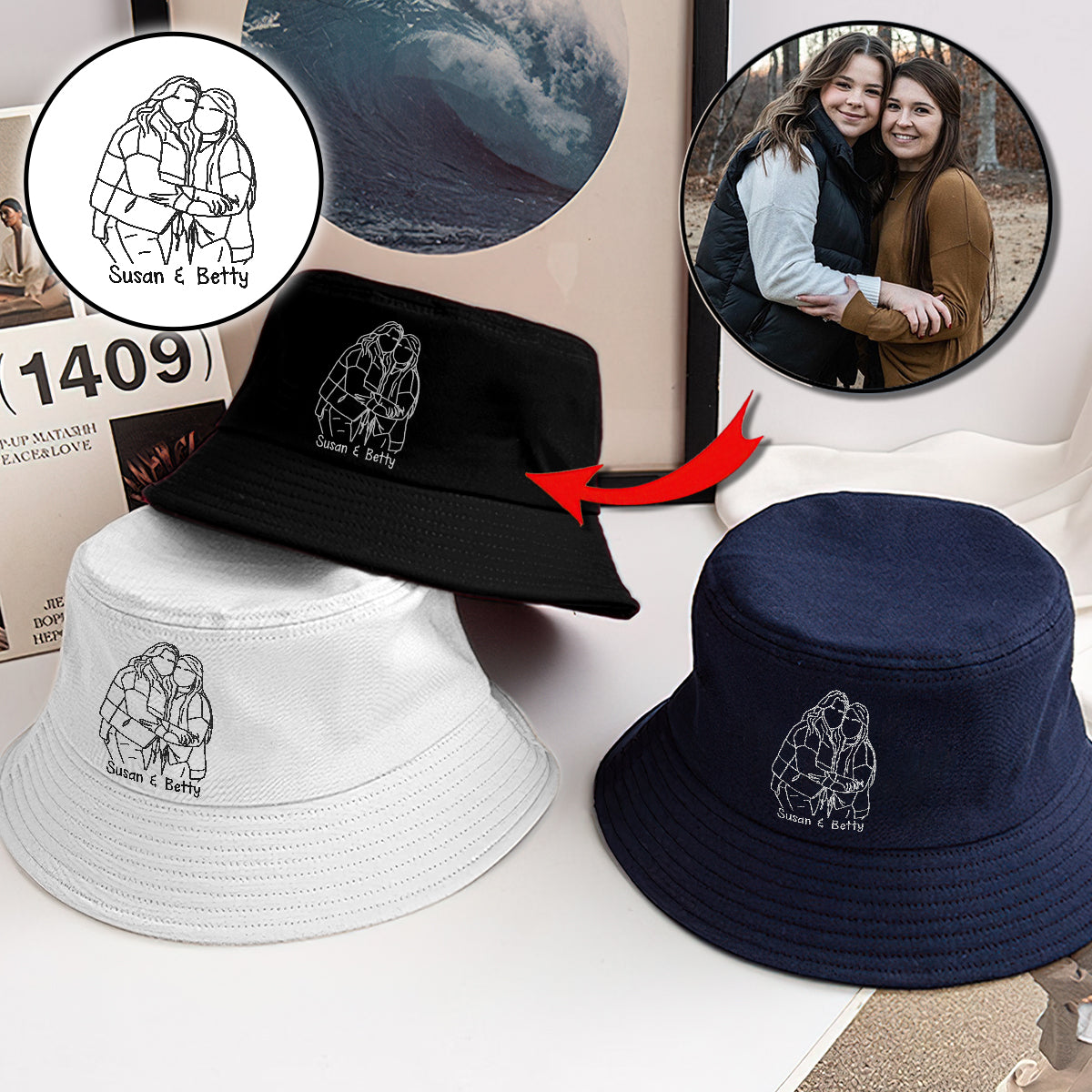 Individuelles Foto – Personalisierter, bestickter Geschwister-Bucket-Hat