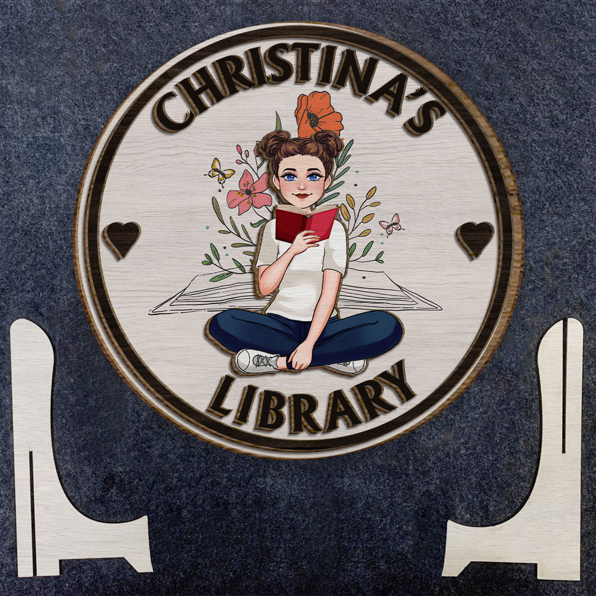 Meine Bibliothek – Personalisiertes Buch, 2-lagiges Holzschild / Holzplakette