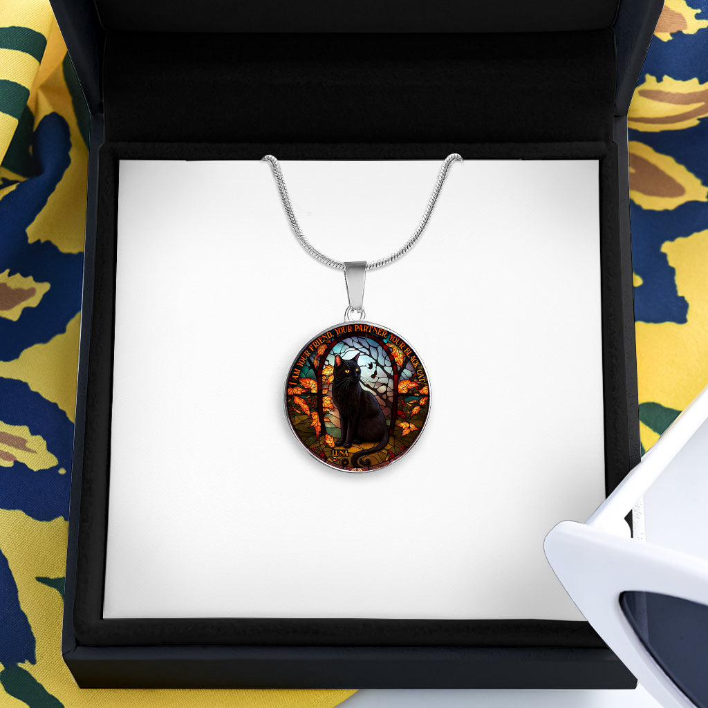 Schwarze Katze – Personalisierte Halskette mit rundem Anhänger in Form einer schwarzen Katze