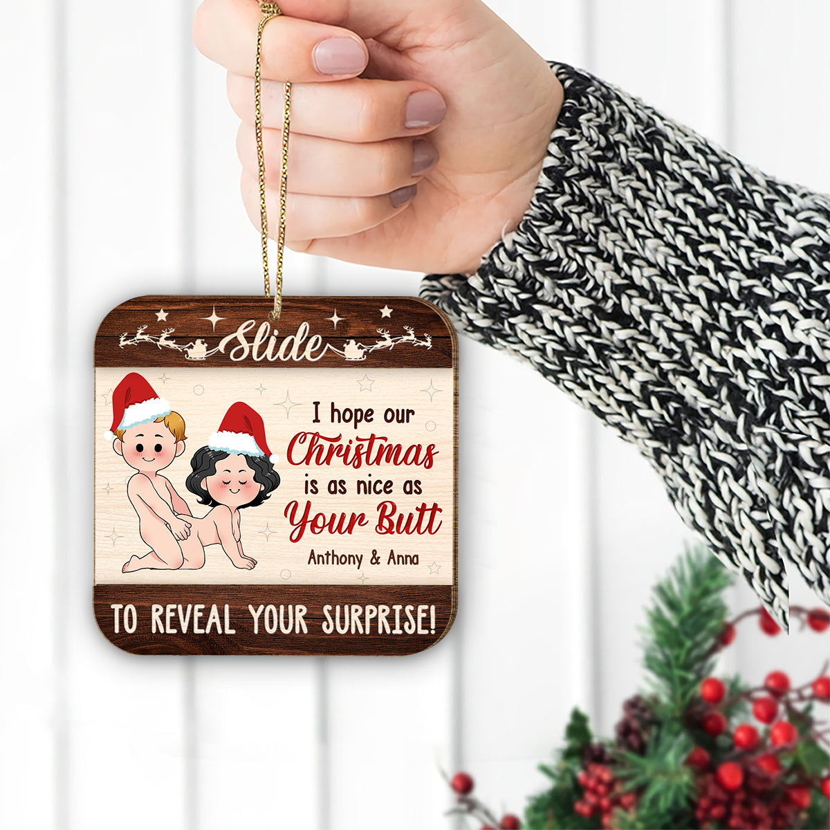 Ich hoffe, unser Weihnachtsfest wird so schön wie dein Hintern – personalisiertes zweilagiges Ornament für Paare