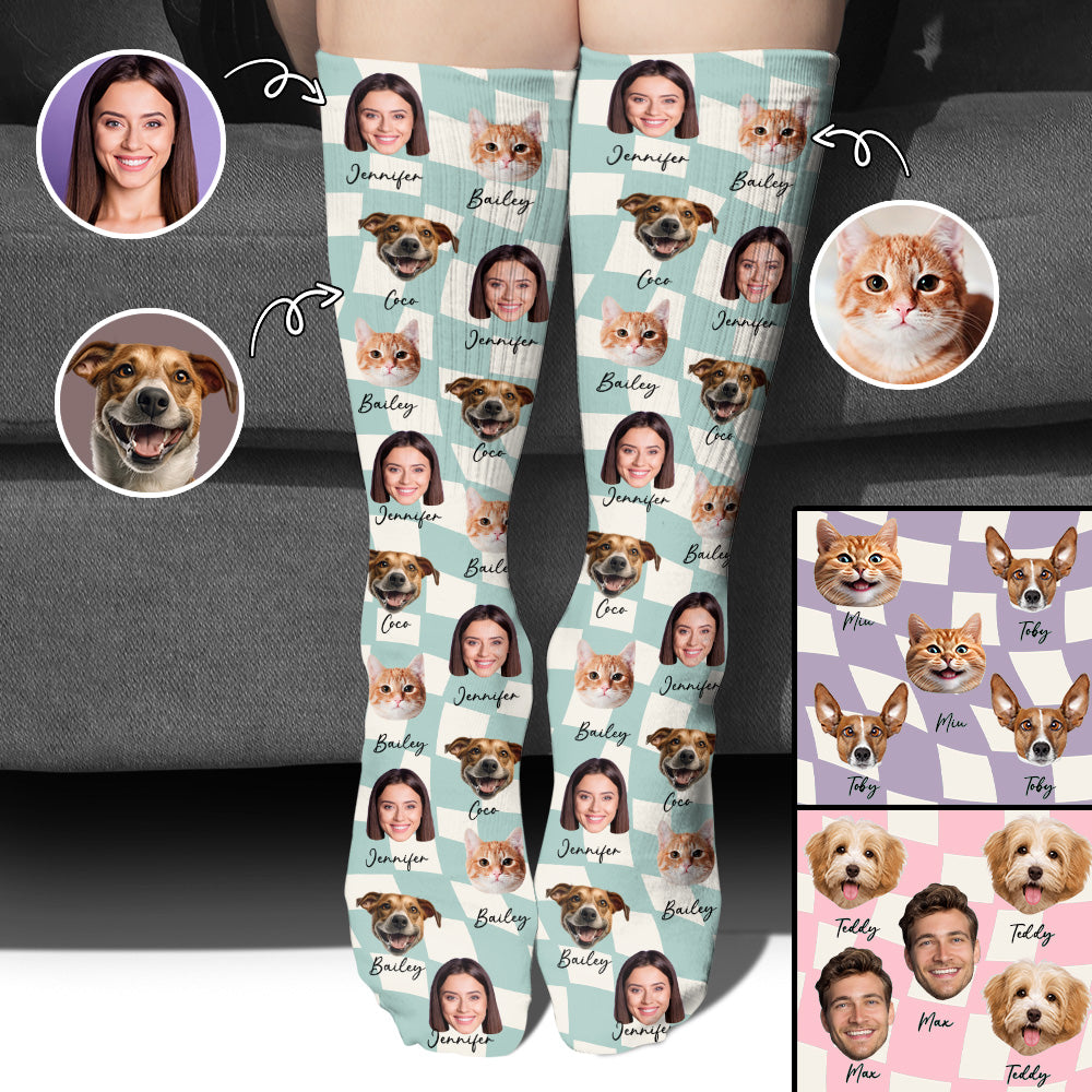 Beliebiges Foto-Upload auf kariertem Muster mit vielen Hintergrundfarben - personalisierte Katzensocken