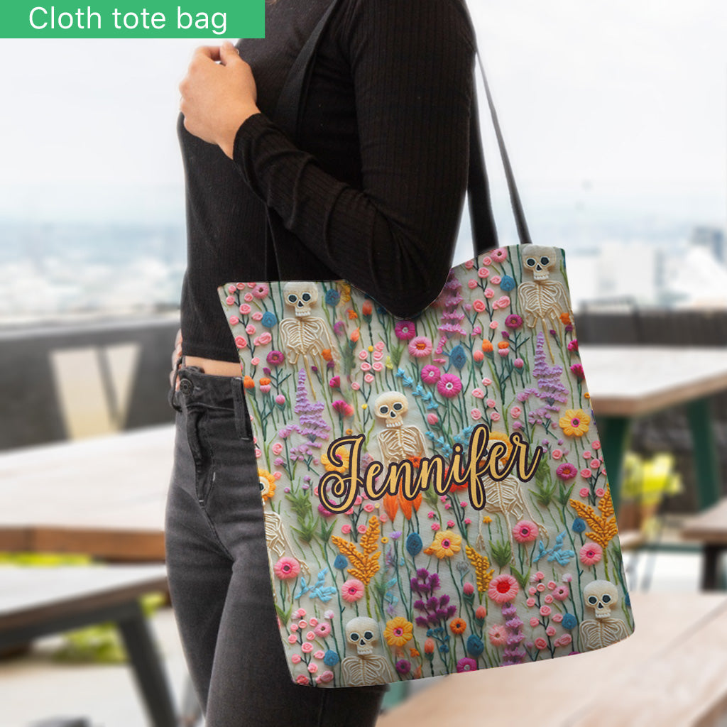 Personalisierte Totenkopf-Tragetasche mit Blumen-Skelett-Motiv
