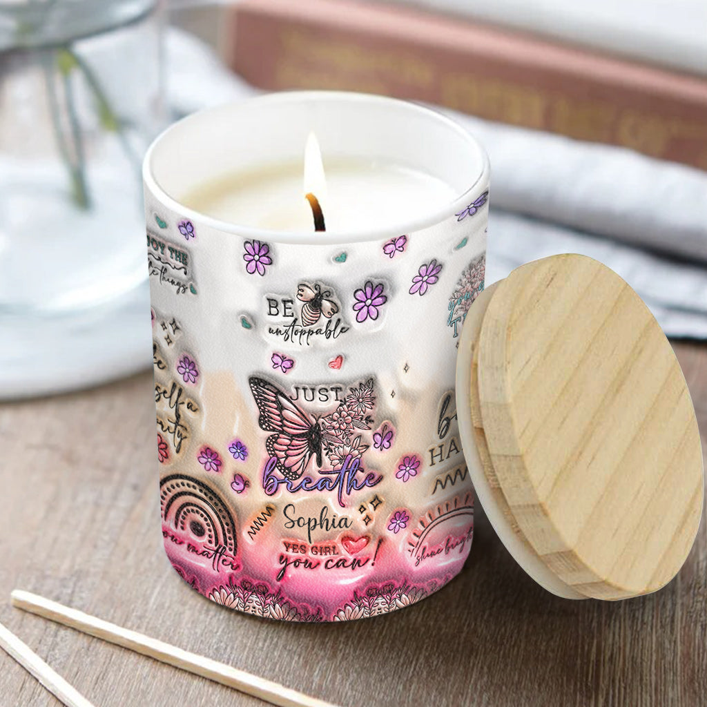 Positive Affirmationen Schmetterling – Personalisierte Schmetterlingskerze mit Holzdeckel