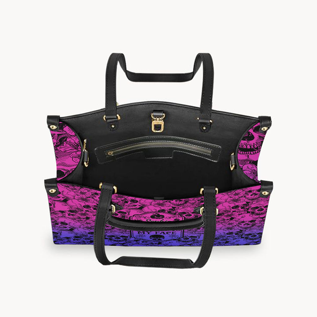 Diese Tasche enthält mein Gesicht – personalisierte Totenkopf-Lederhandtasche