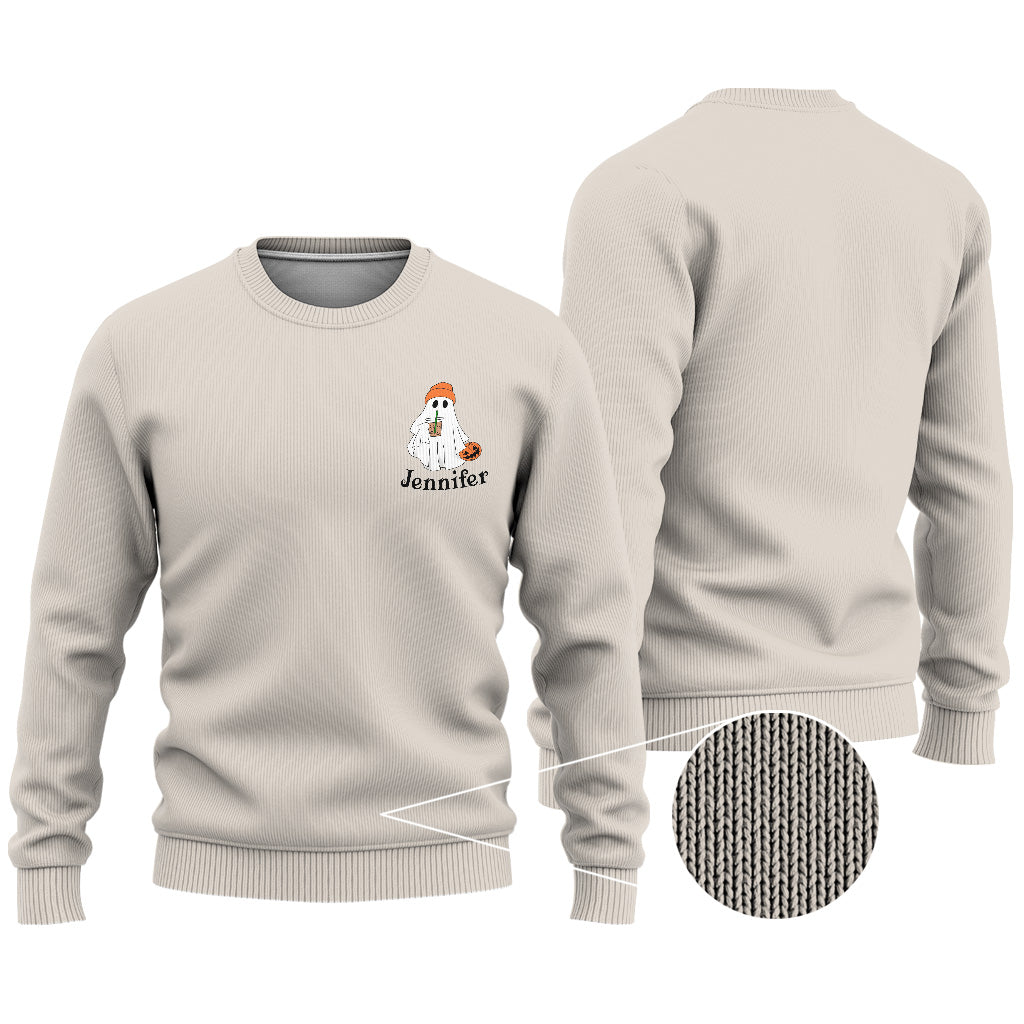 Eiskaffee mit kleinem Geist – personalisierter Halloween-Pullover