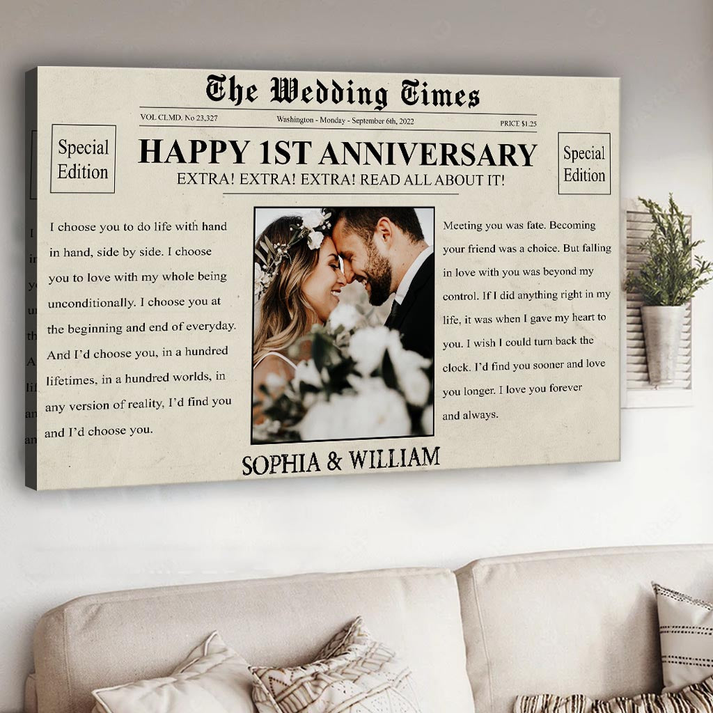 Alles Gute zum Jahrestag! – Personalisierte Leinwand und Poster für Ehepaare (The Wedding Times Newspaper)
