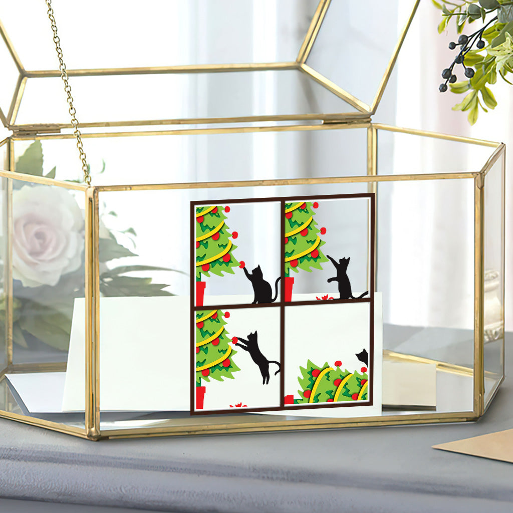 Katze wirft Weihnachtsbaum um – Personalisierter Aufkleber mit schwarzer Katze