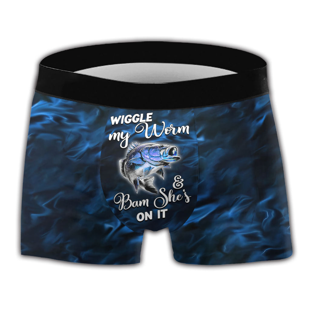 Wackel mit meinem Wurm und zack, sie ist dran – personalisierte Angel-Boxershorts für Herren