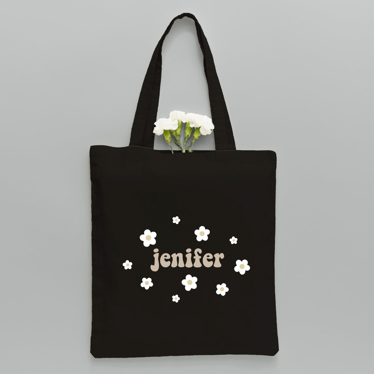 Personalisierte Tragetasche mit Namensstickerei und Blume – Geschwister-Stickerei