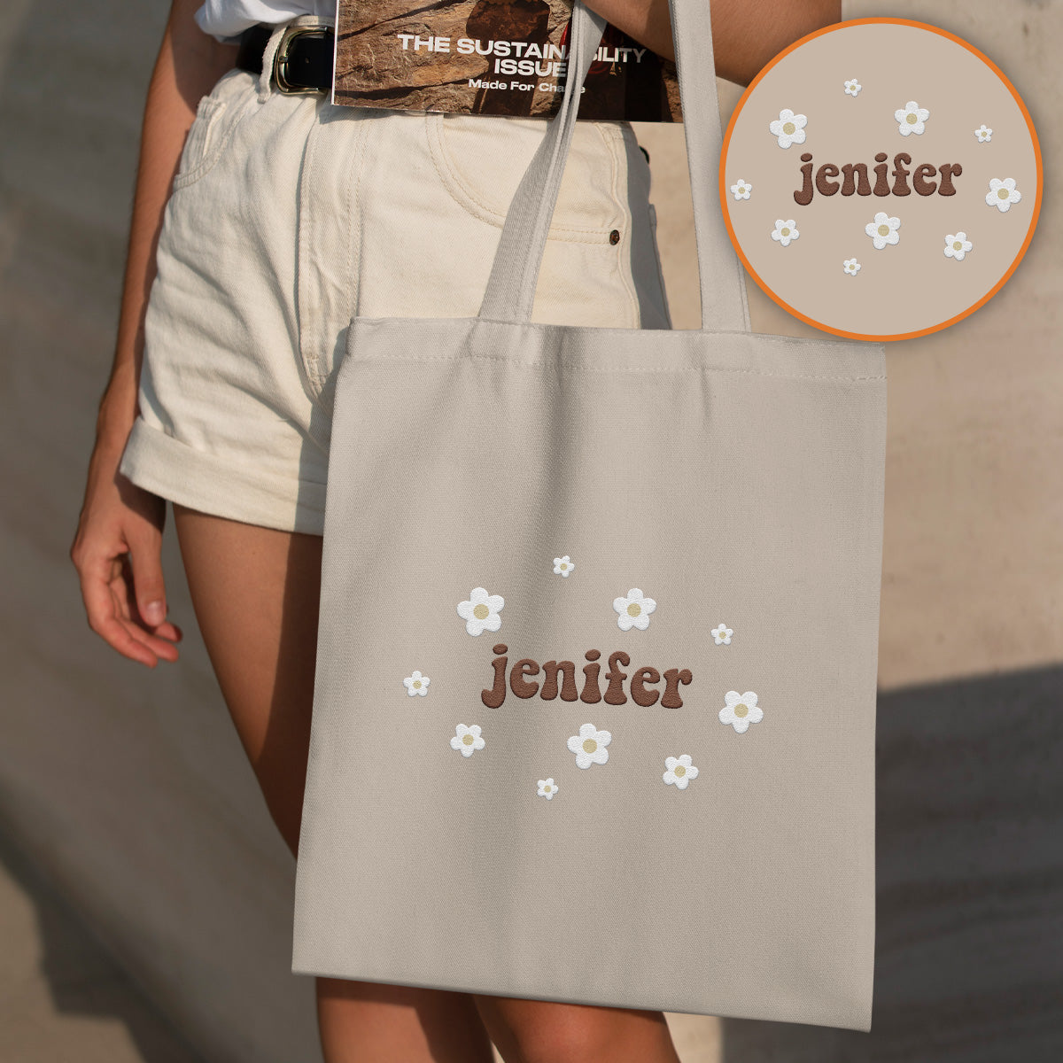 Personalisierte Tragetasche mit Namensstickerei und Blume – Bestickte Tasche für die Tochter