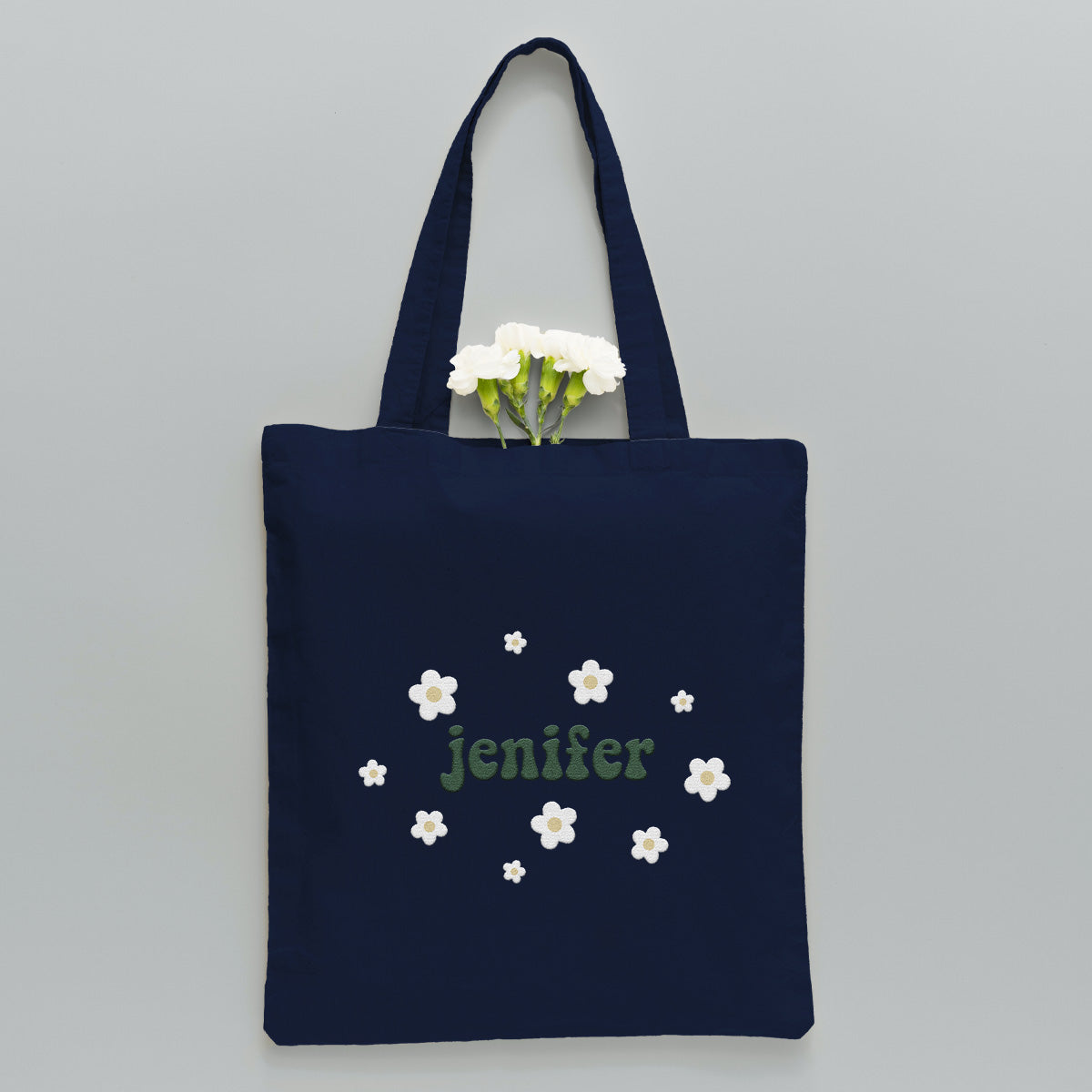 Personalisierte Tragetasche mit Namensaufdruck und Blume – Bestickte Tasche für Paare