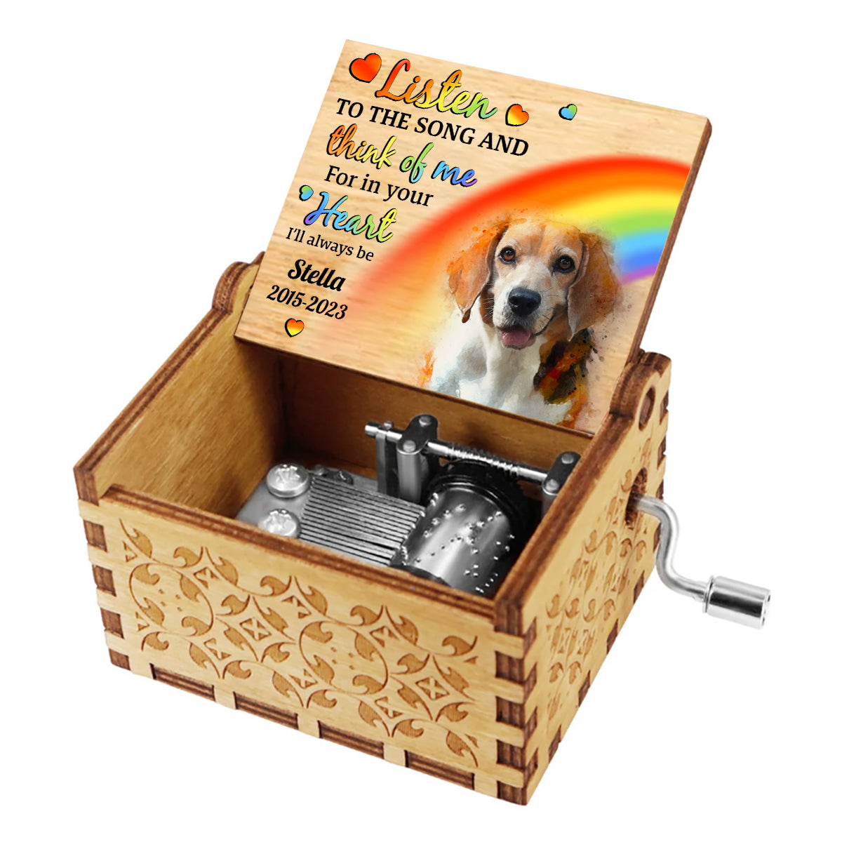 Hören Sie sich das Lied an – Personalisierte Hunde-Spieluhr mit Handkurbel