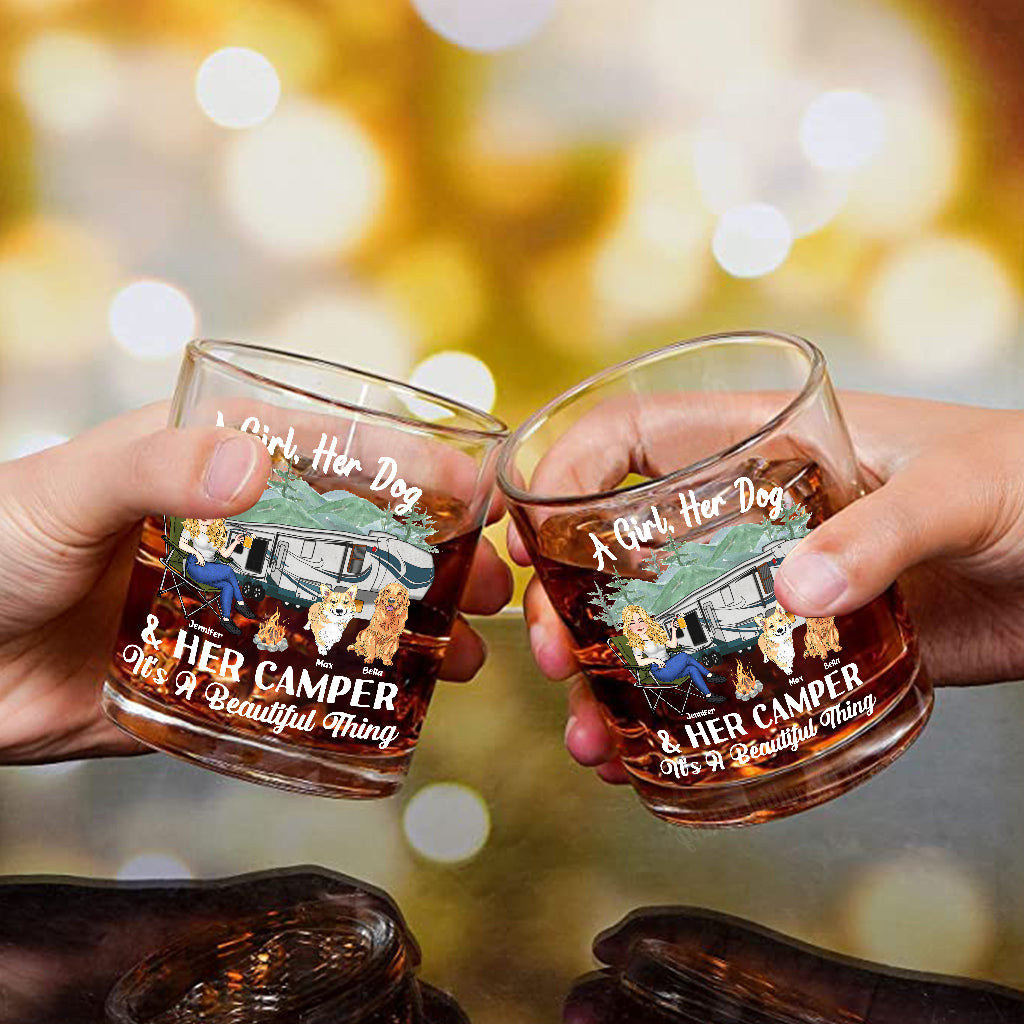 A Girl Her Dog And Her Camper - Camping gift for dog lover - Personalized Rock Glass