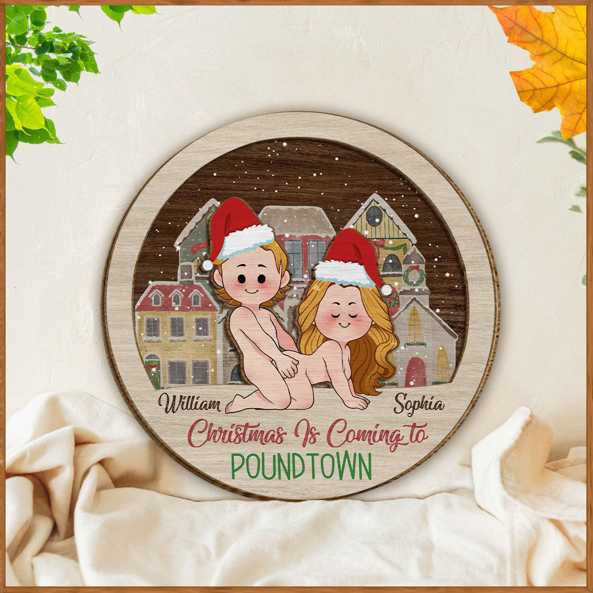 Fröhliche Weihnachten in Poundtown – Geschenk für Freundin, Freund, Ehemann, Ehefrau – Personalisiertes zweilagiges Holzschild / Holzplakette