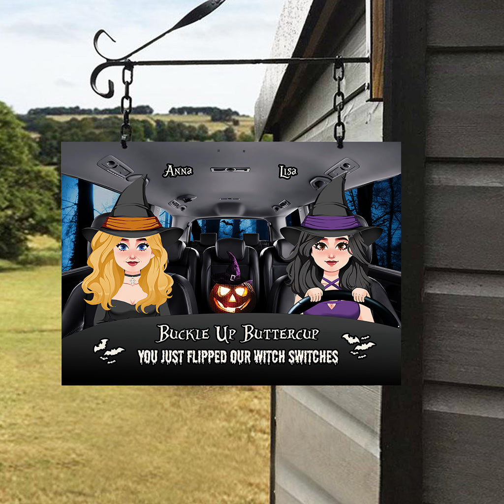 Schnalle dich an, Butterblume – Personalisiertes rechteckiges Hexen-Metallschild