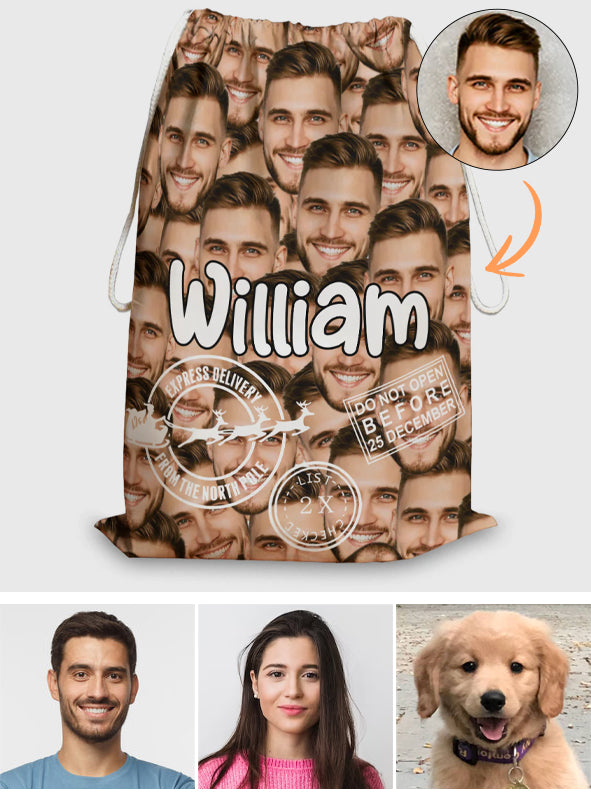 Weihnachtssonderlieferung mit niedlichen Gesichtern – personalisierte Familien-Weihnachtstasche