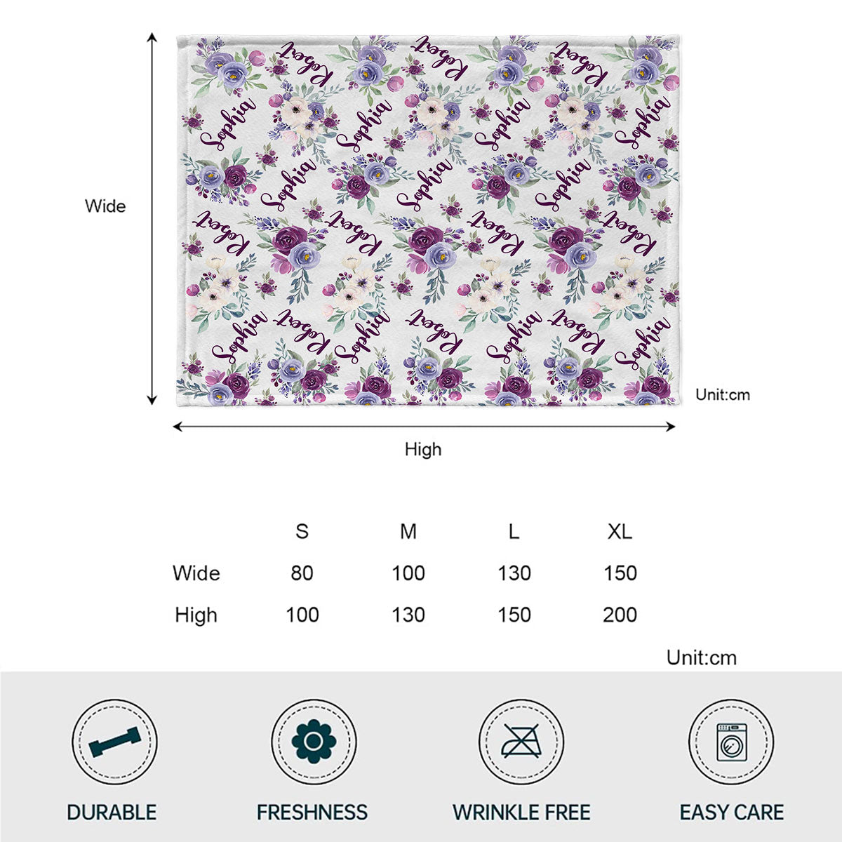 Personalisierte Decke mit lila Blumen und individuellem Namen – für Paare