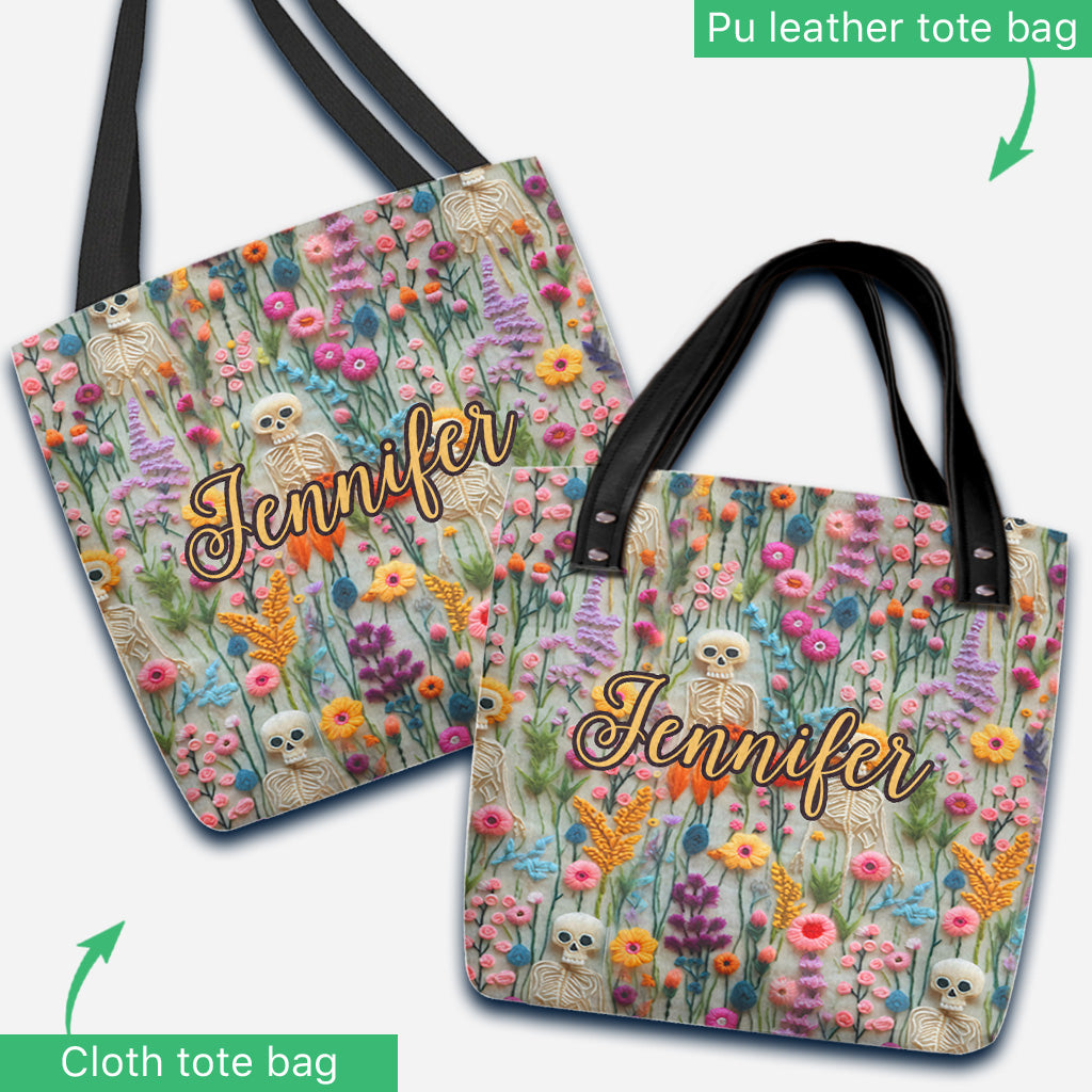 Personalisierte Totenkopf-Tragetasche mit Blumen-Skelett-Motiv