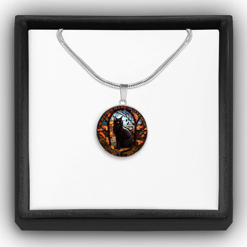 Schwarze Katze – Personalisierte Halskette mit rundem Anhänger in Form einer schwarzen Katze