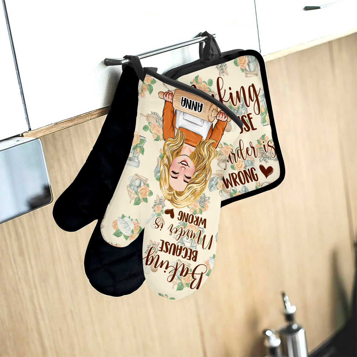 Baking Because Murder Is Wrong - Personalized Baking Oven Mitts & Pot Holder Set