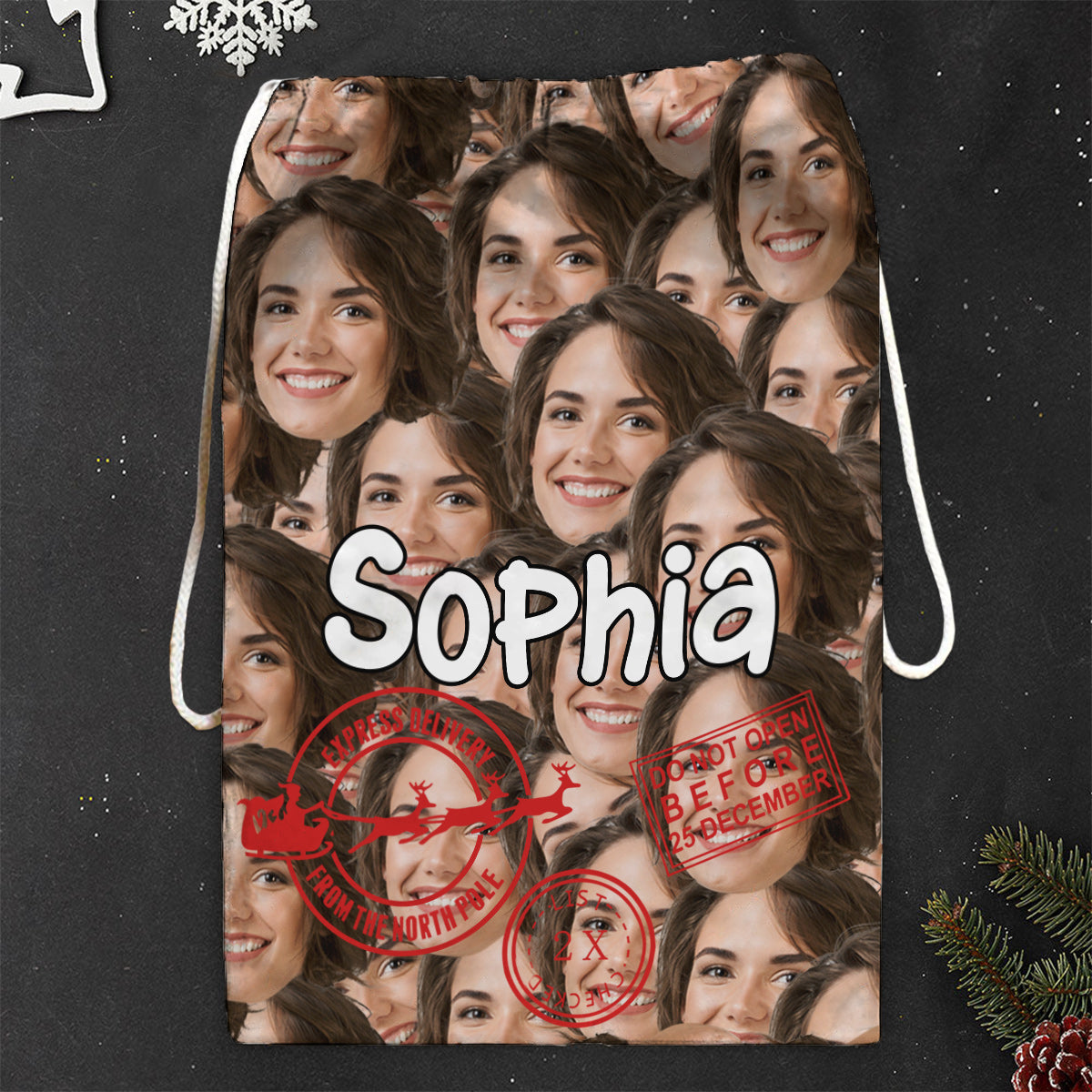 Weihnachtssonderlieferung mit niedlichen Gesichtern – personalisierte Familien-Weihnachtstasche