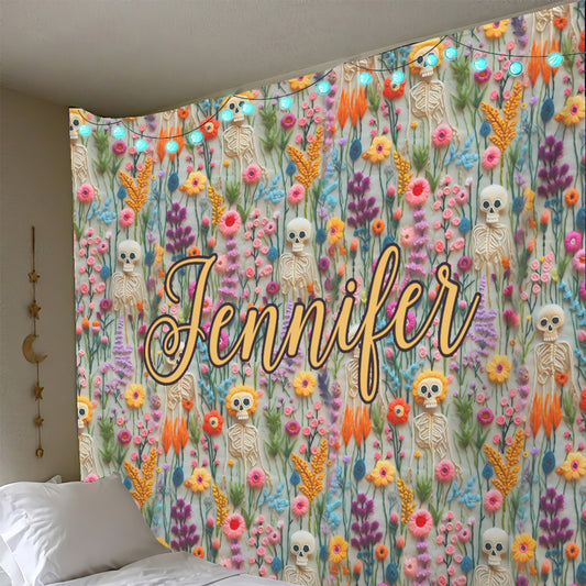 Blumenskelett – Personalisierter Totenkopf-Wandteppich