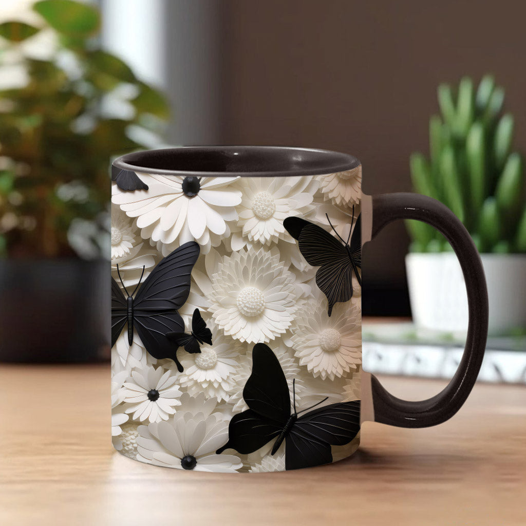 Elegant Black And White Butterflies And Flowers - Personalized Butterfly Accent Mug