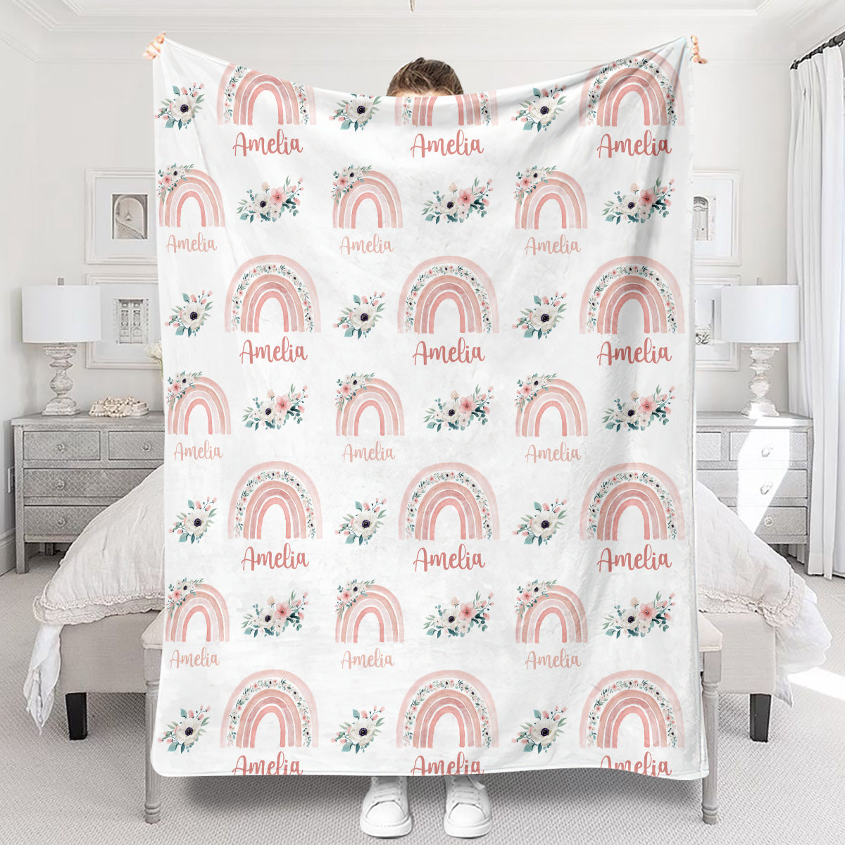 Retro-Regenbogen-Decke mit individuellem Namen – Personalisierte Decke für die Enkelin