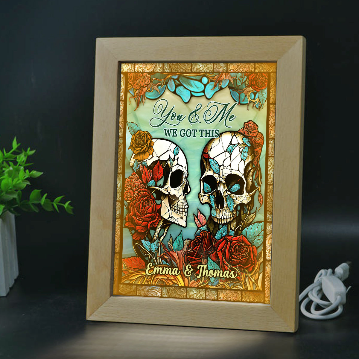 „Du & Ich, wir sind für euch da“ – personalisierter Fotorahmen mit Beleuchtung für Paare