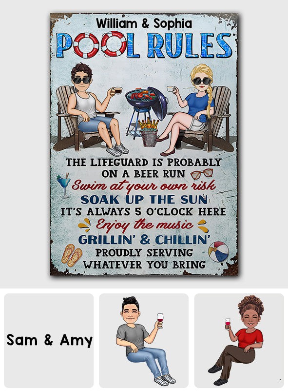 Poolregeln: Baden auf eigene Gefahr – Personalisiertes rechteckiges Metallschild für den Garten
