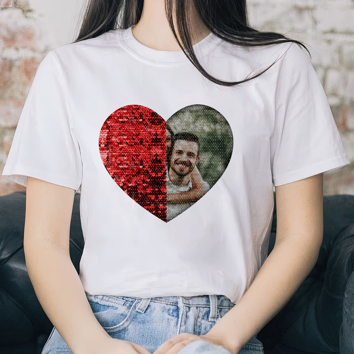 Individuell gestaltetes Pailletten-Shirt mit Foto für Paare – Geschenk für Hunde- und Katzenliebhaber – Personalisiertes Pailletten-T-Shirt