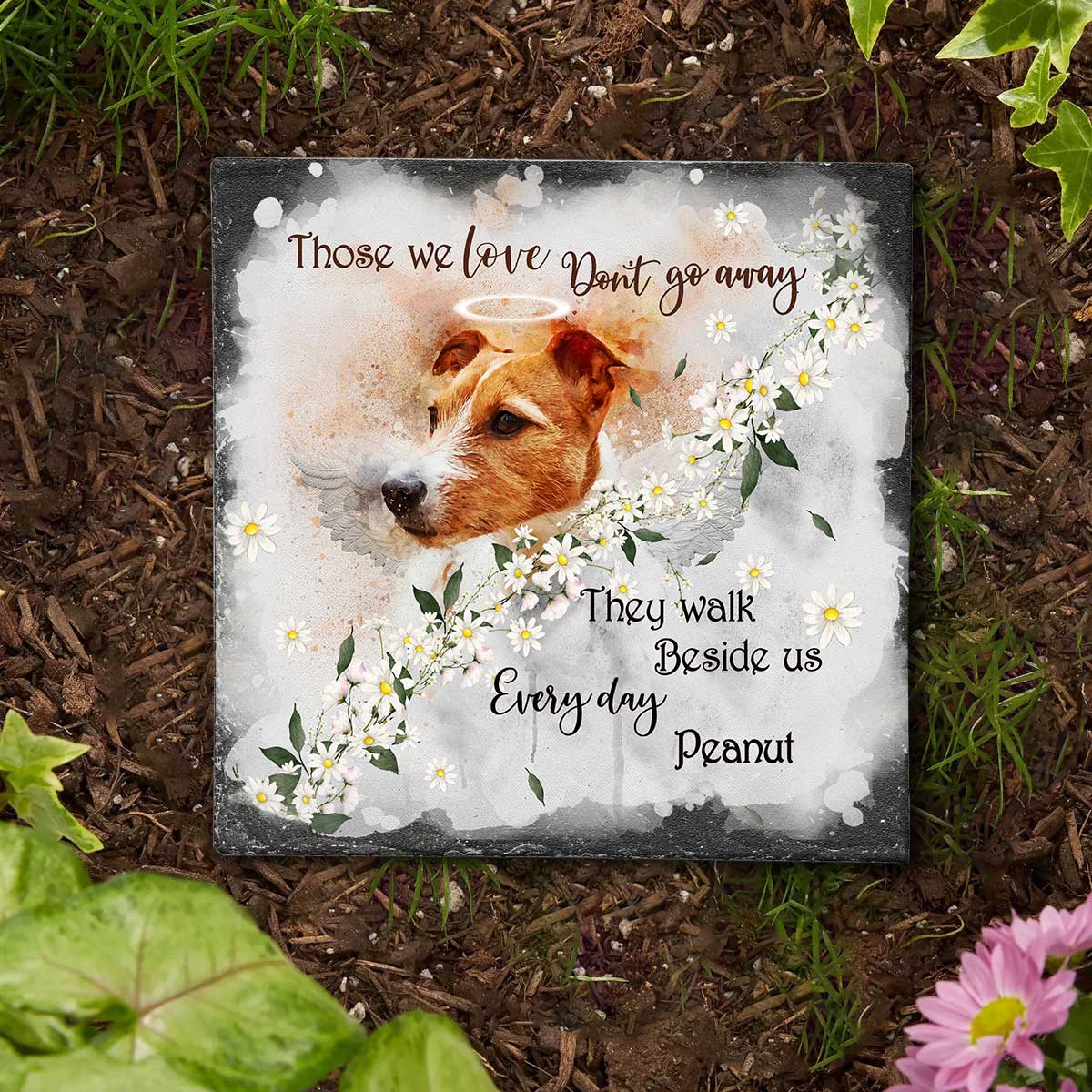Diejenigen, die wir lieben, gehen nicht fort – personalisierter quadratischer Stein in Hundeform