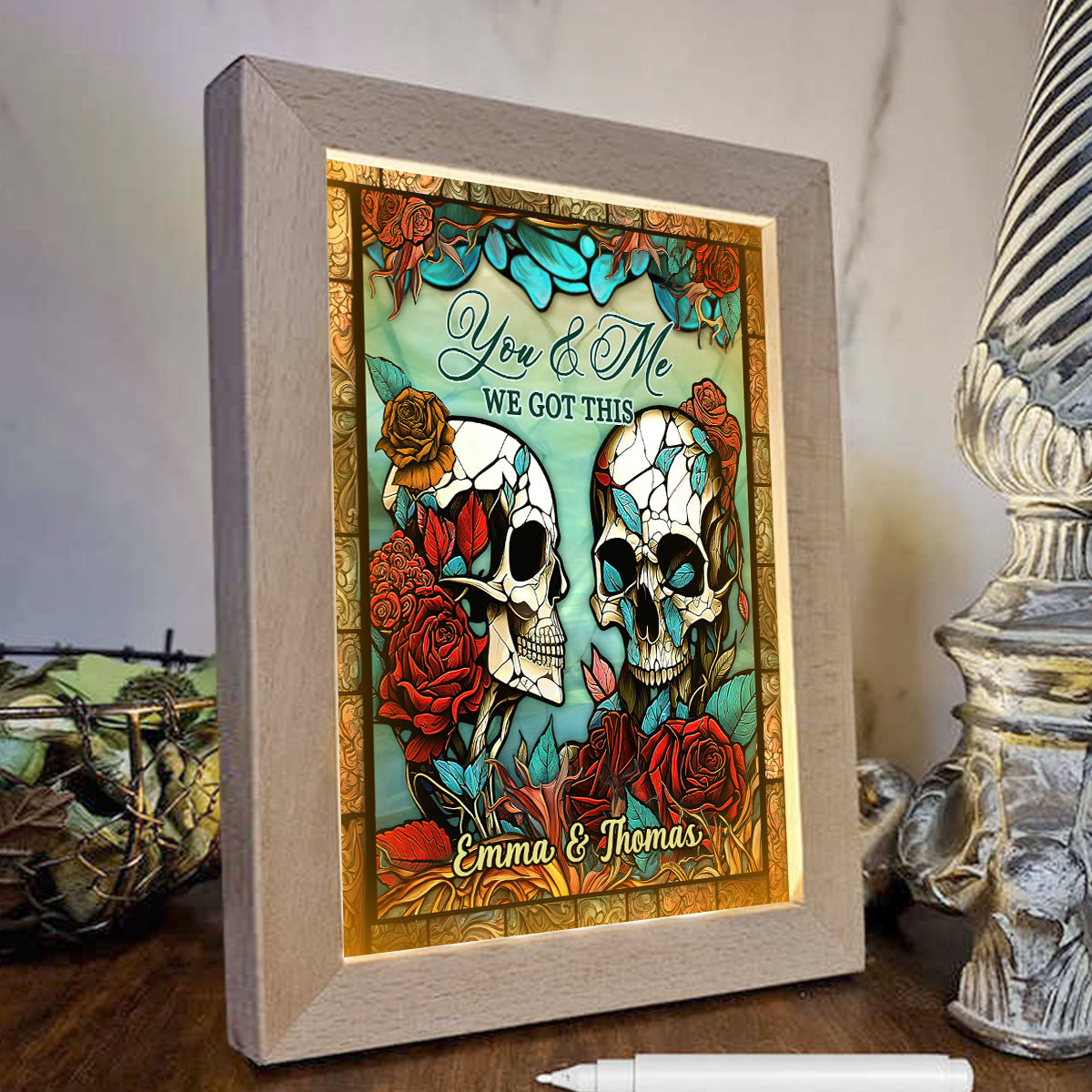 „Du & Ich, wir sind für euch da“ – personalisierter Fotorahmen mit Beleuchtung für Paare