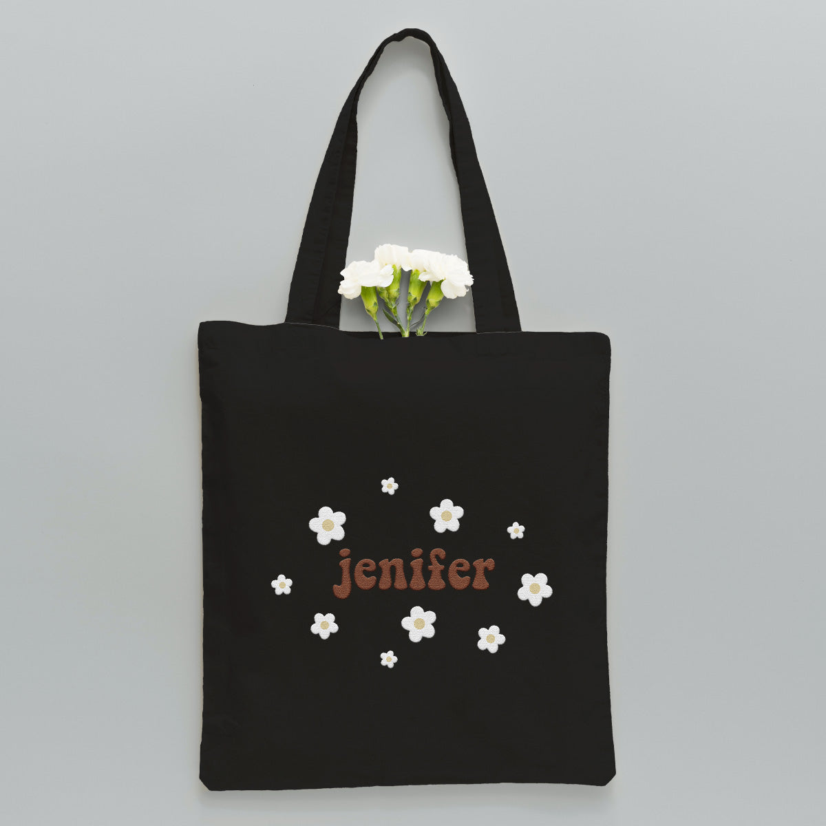 Personalisierte Tragetasche mit Namensstickerei und Blume – Geschwister-Stickerei