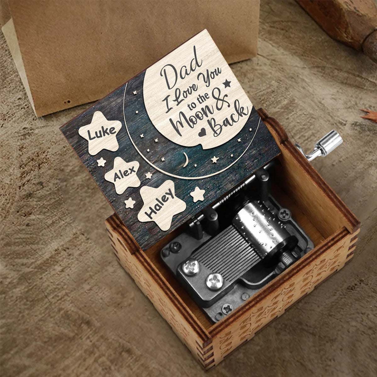 Ich liebe dich bis zum Mond und zurück – Geschenk für Mama, Oma, Papa, Opa – Personalisierte Spieluhr mit Handkurbel