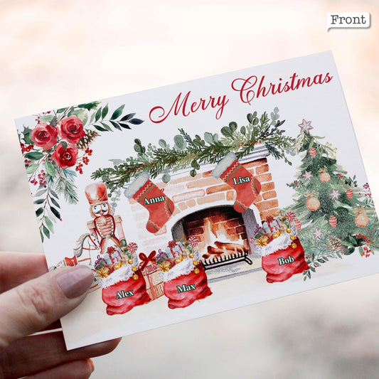 Fröhliche Weihnachten, Strumpf-Familie – personalisierte QR-Grußkarte