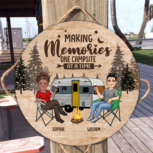 Happy Camper - Camping gift for husband, wife, boyfriend, boyfriend - Personalized Round Wood Sign