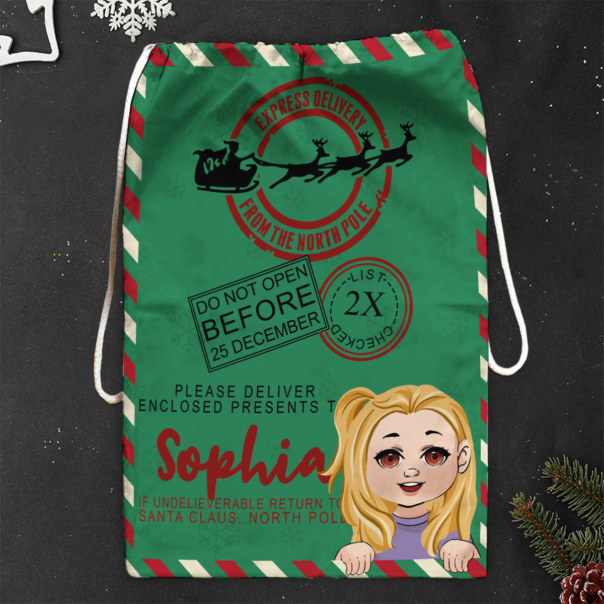 Weihnachtsmann-Liefersack von North Pole Express – Personalisierter Familien-Tragebeutel mit Kordelzug