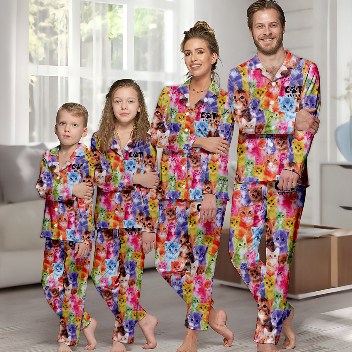 Foto-Einfügung im farbenfrohen Stil - Personalisierter Katzen-Pyjama mit Knopfleiste