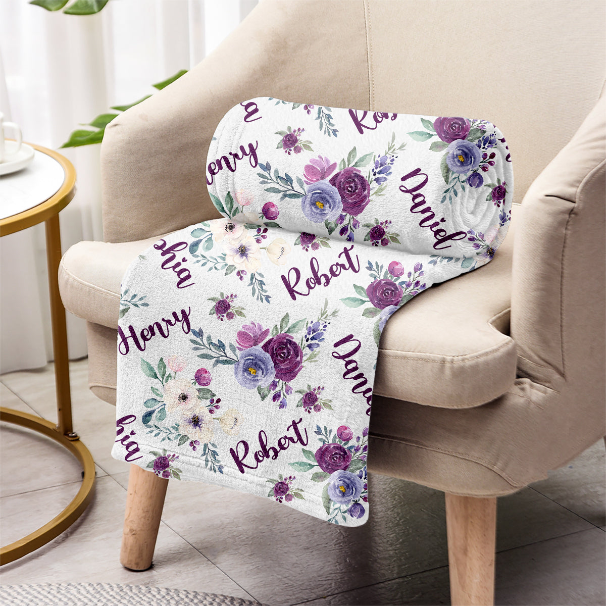 Custom Name Purple Flowers - Personalized Family Blanket
