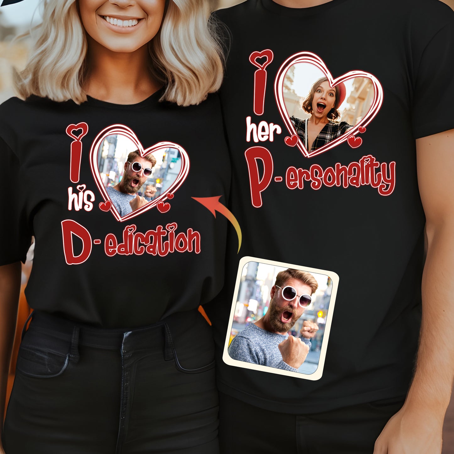 Ich liebe ihre Persönlichkeit, ich liebe seine Hingabe. Jeder Foto-Upload möglich – personalisiertes Partner-T-Shirt und Hoodie