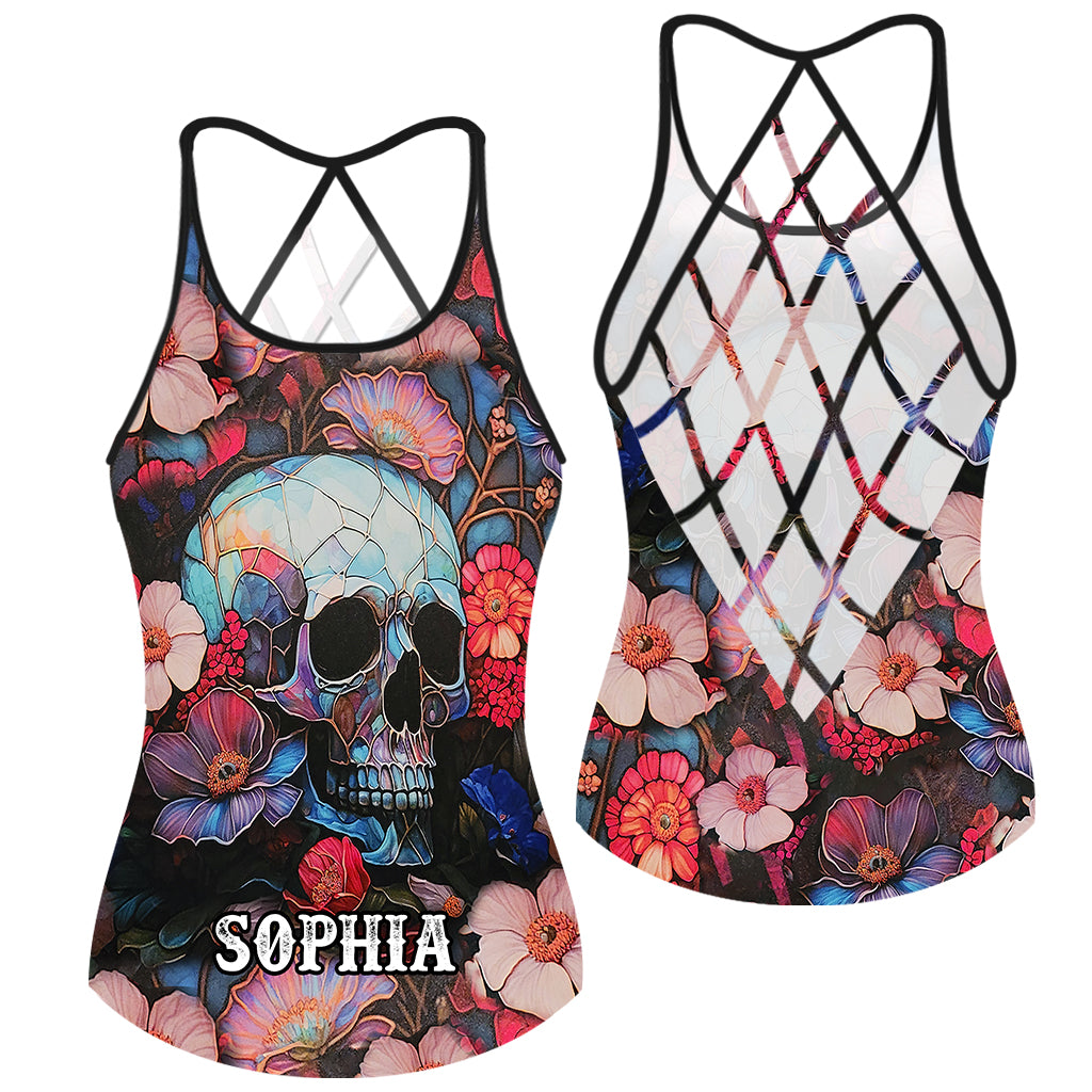 Totenkopf mit Blumenmuster – Personalisiertes Tanktop mit Totenkopfkreuz